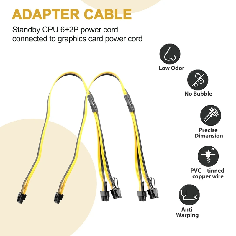 Pci-e 6ピンからデュアル8ピン6 2ピンアダプターケーブル、GPUビデオ電源ケーブル、マイナーマイニング用16awg 18awg、10個