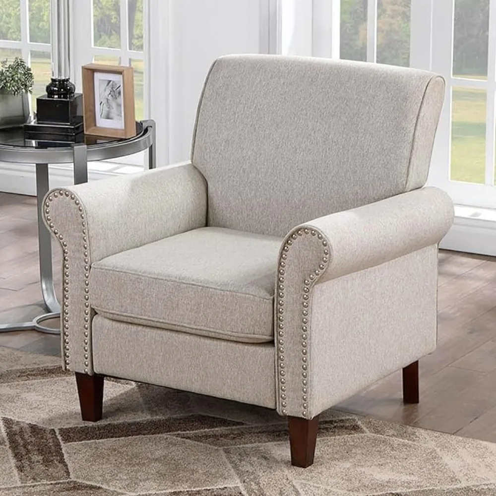 Upholstered Living Room Chair Set of 2 -Large Comfy Fabric Accent Chair Single Sofa with Cushion, Rolled Armrest & Nailhead Trim