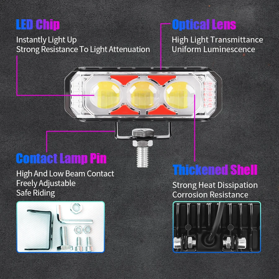 Motorcycle LED spotlight With Red Blue light Flashing High and Low Beams Suitable For off-Road Vehicle lights