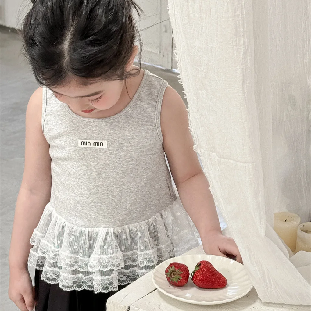 

Lace Vest Korean Fashion 2025 Summer New Cute Solid Color Lace Casual Halter Tops Kids Clothes Girls