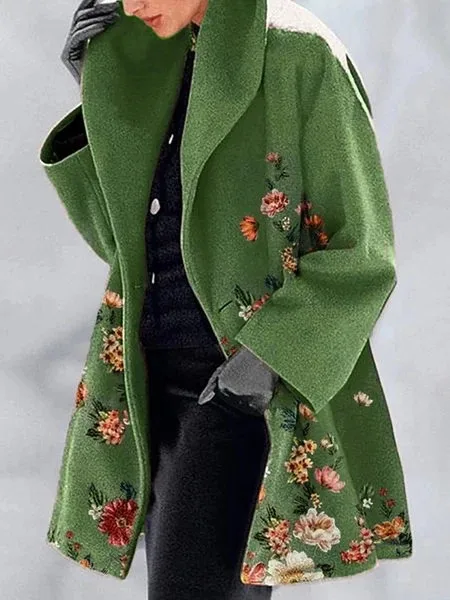 

Women's Versatile Mid-Length Coat Floral Embroidery Detail and Lapel Design Fashionable Outerwear