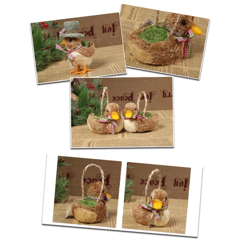 Handmade Straw Small Duck Chick Figurine with Bowknot Weaving Animal Statue Ornament Easter Home Garden Wedding DropShipping