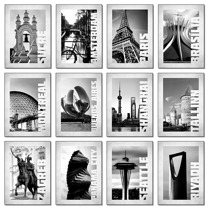 Affiche d'architecture urbaine Portland Seattle Cairo, minimalisme noir et blanc, peintures sur toile, images d'art murales, décoration de la maison