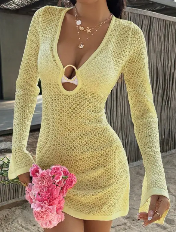 

Women Dress 2026 Spring Summer New Solid Color Hot Girl Versatile and Sexy V-Neck Long Sleeve Hip Wrapped Beach Vacation Dress