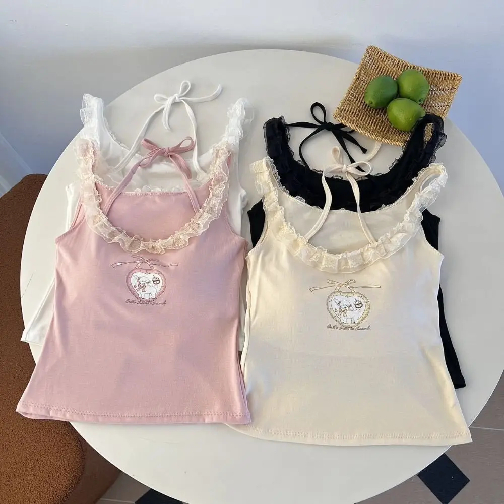 Camisola con cuello Halter de encaje falso de dos piezas, Top corto de encaje ajustado sin mangas con letras, chaleco, sujetador de verano con almohadillas, camisola junto al mar