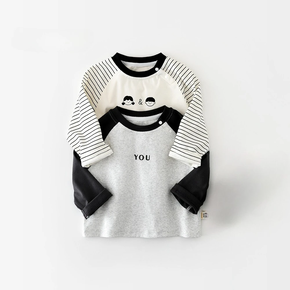 Spring Children Bottom T-Shirt Kids Long Sleeved Boys Patchwork Tees Girls Autumn Fashion Letter Pullover Baby Leisure Outerwear