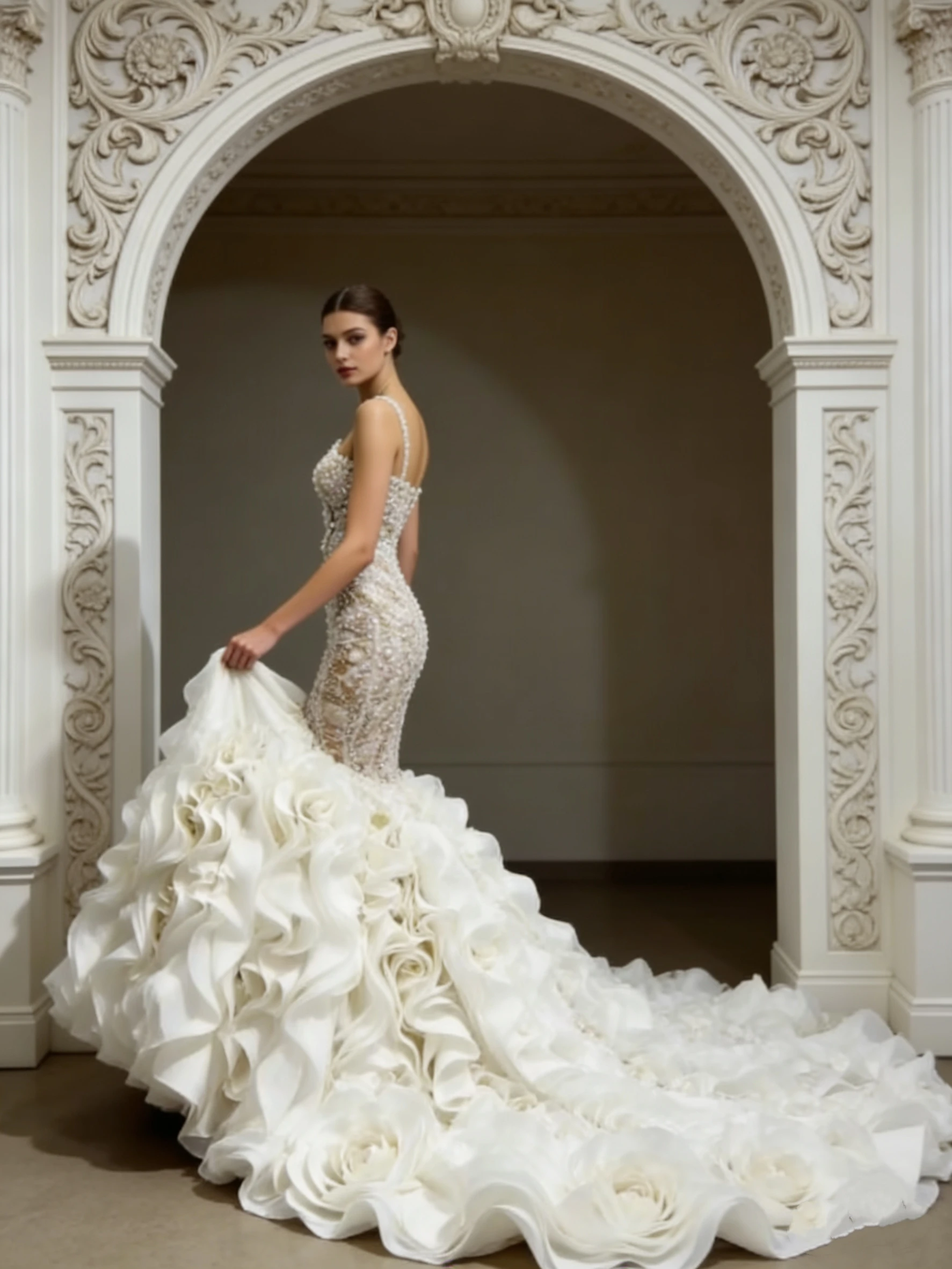 Gorgeous Pearls Wedding Dresses Applique Mermaid Bridal Gowns Puff Tiered Train Spaghetti Strap Customized Robes De Mariéeede