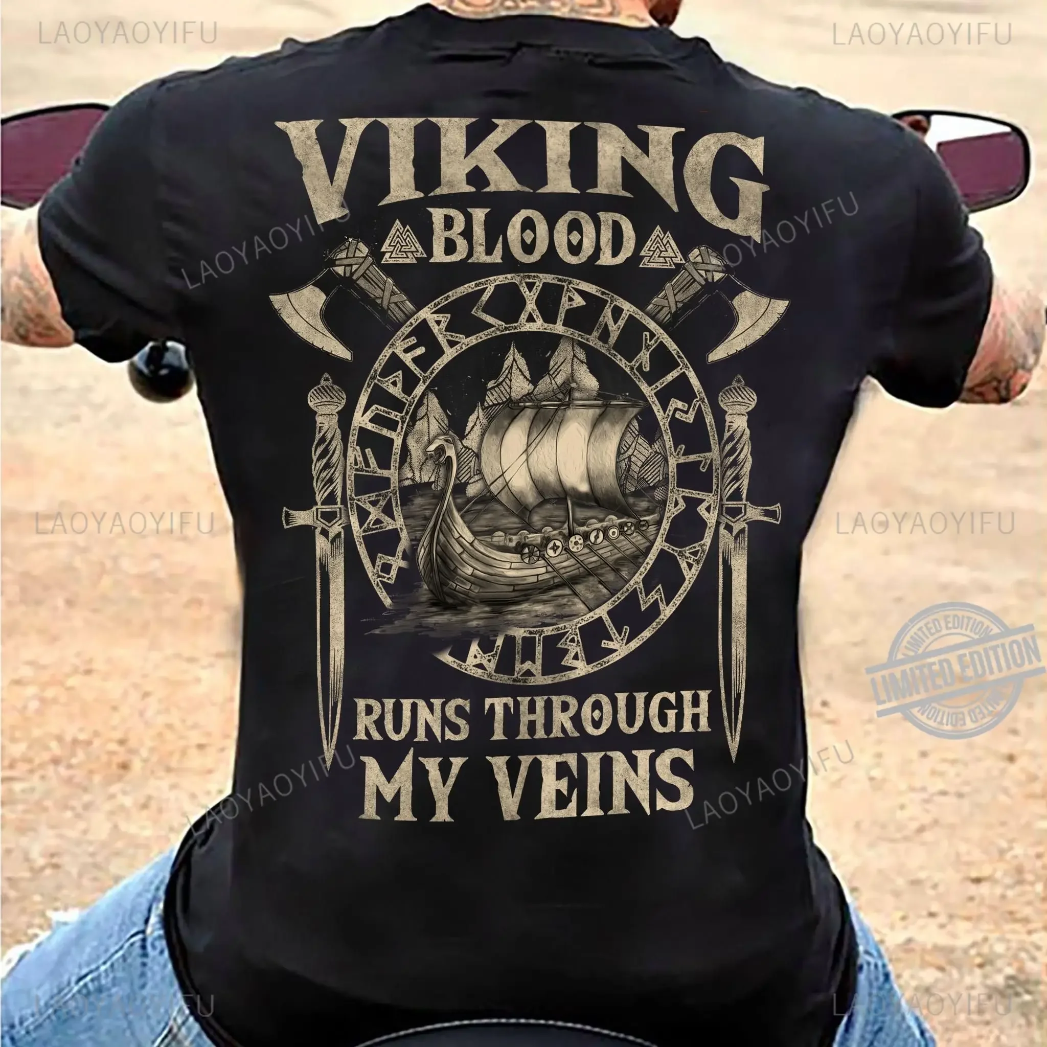 Viking Blood high-quality men's short sleeved Viking Legend T-shirt retro classic T-shirt Valhalla Odin top