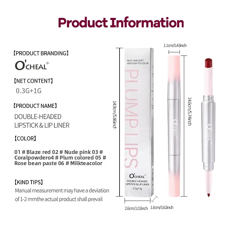 Batom delineador fosco 2 em 1, caneta de longa duração, sem transferência, sexy, vermelho, giratório, duas cabeças, cosméticos de maquiagem