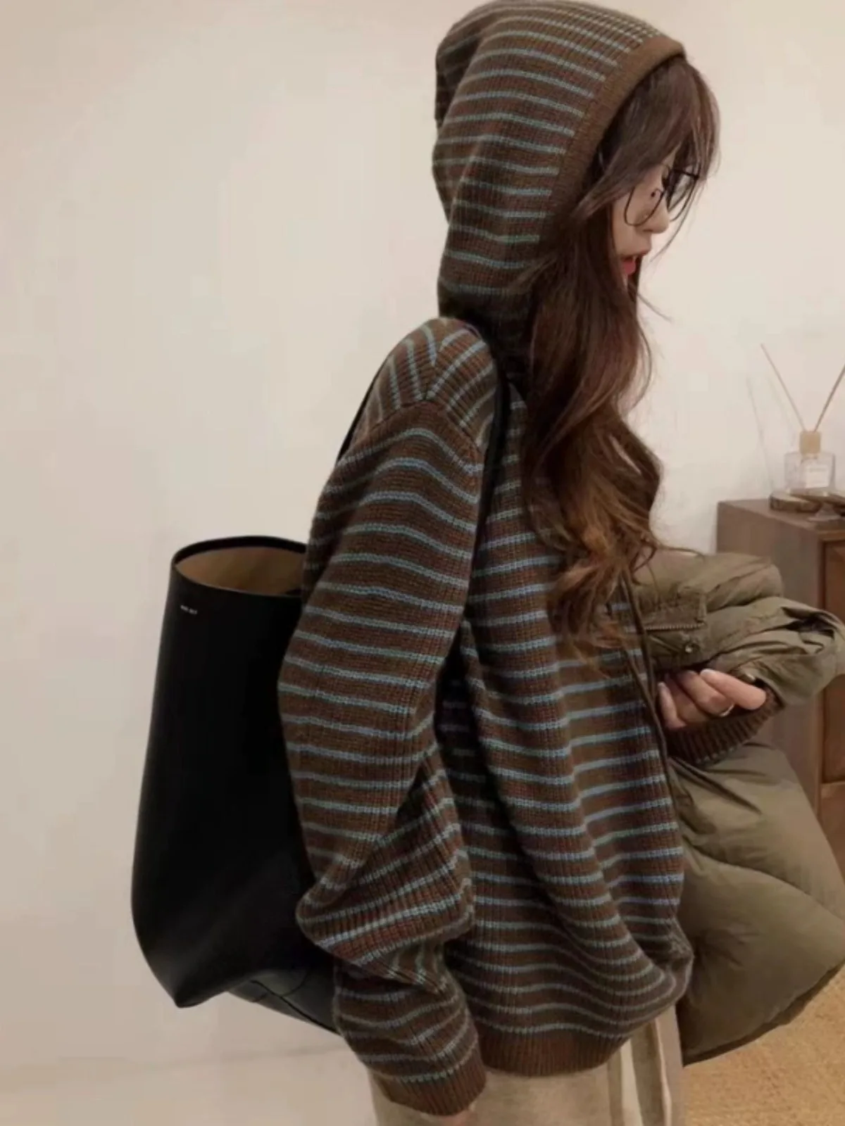 Western stripes pure cashmere hooded sweater women wear autumn and winter loose hoodie woolen hoodie base sweater