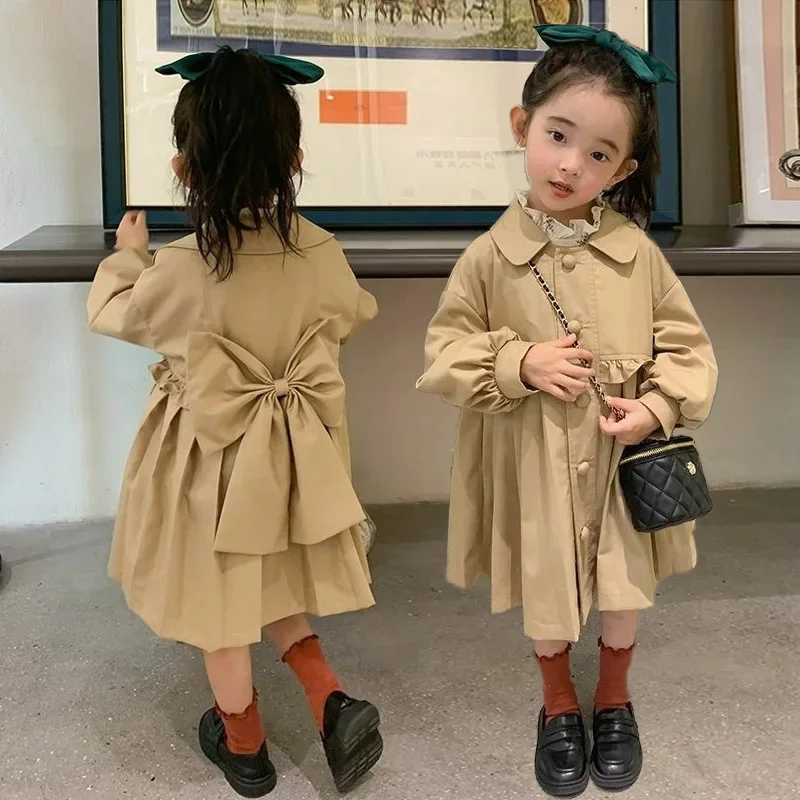 

Girls Bow Trench Jackets New Spring Kids Windbreaker Coats Children Khaki Sweet Clothing Princess Fashion Autumn Outerwear