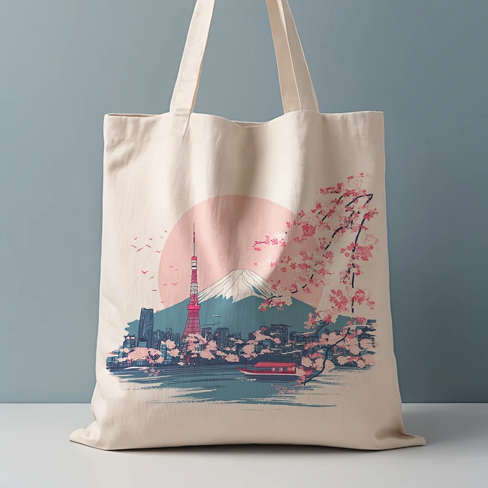 1pc, Tokyo Skyline and Cherry Blossom Canvas Tote Bag Reusable Grocery Bags (35.05cm x 40.13cm), Stylish Bag for Daily Shopping,
