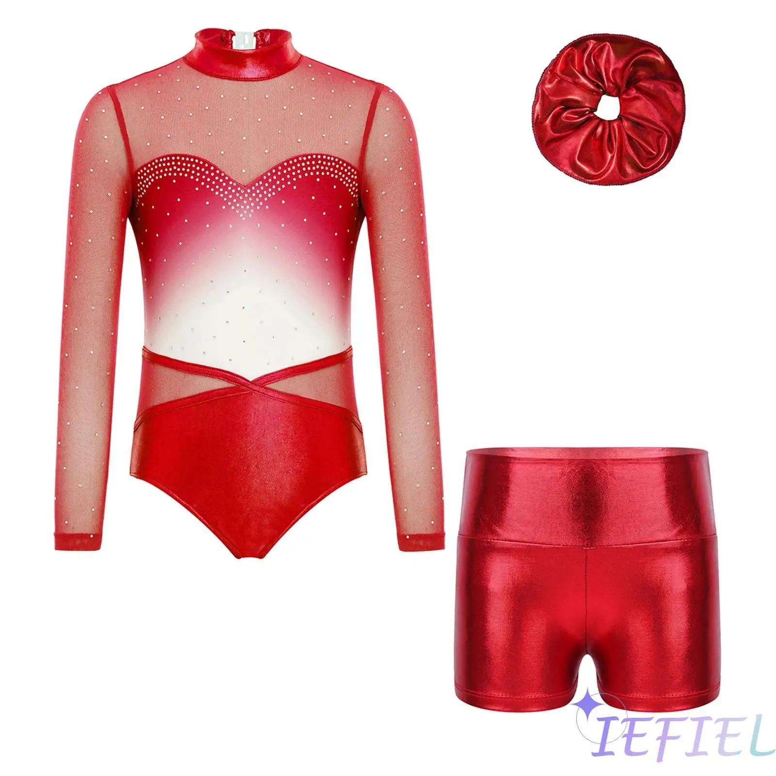 

Kids Ballet Lyrical Dance Competition Outfit Long Sleeve Gradient Leotard with Metallic Shorts and Hairband for Gymnastics Yoga