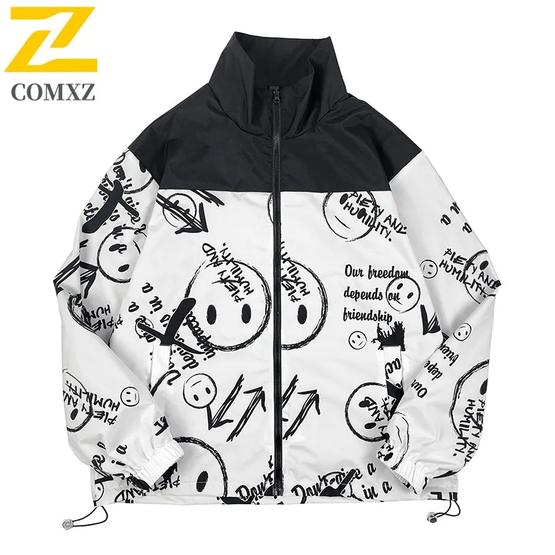 

COMXZ Luxurious Men Jacket Premium Stand Collar Outdoor Camping Windproof Coat Smiling Face Design Lightweight Autumn Garment