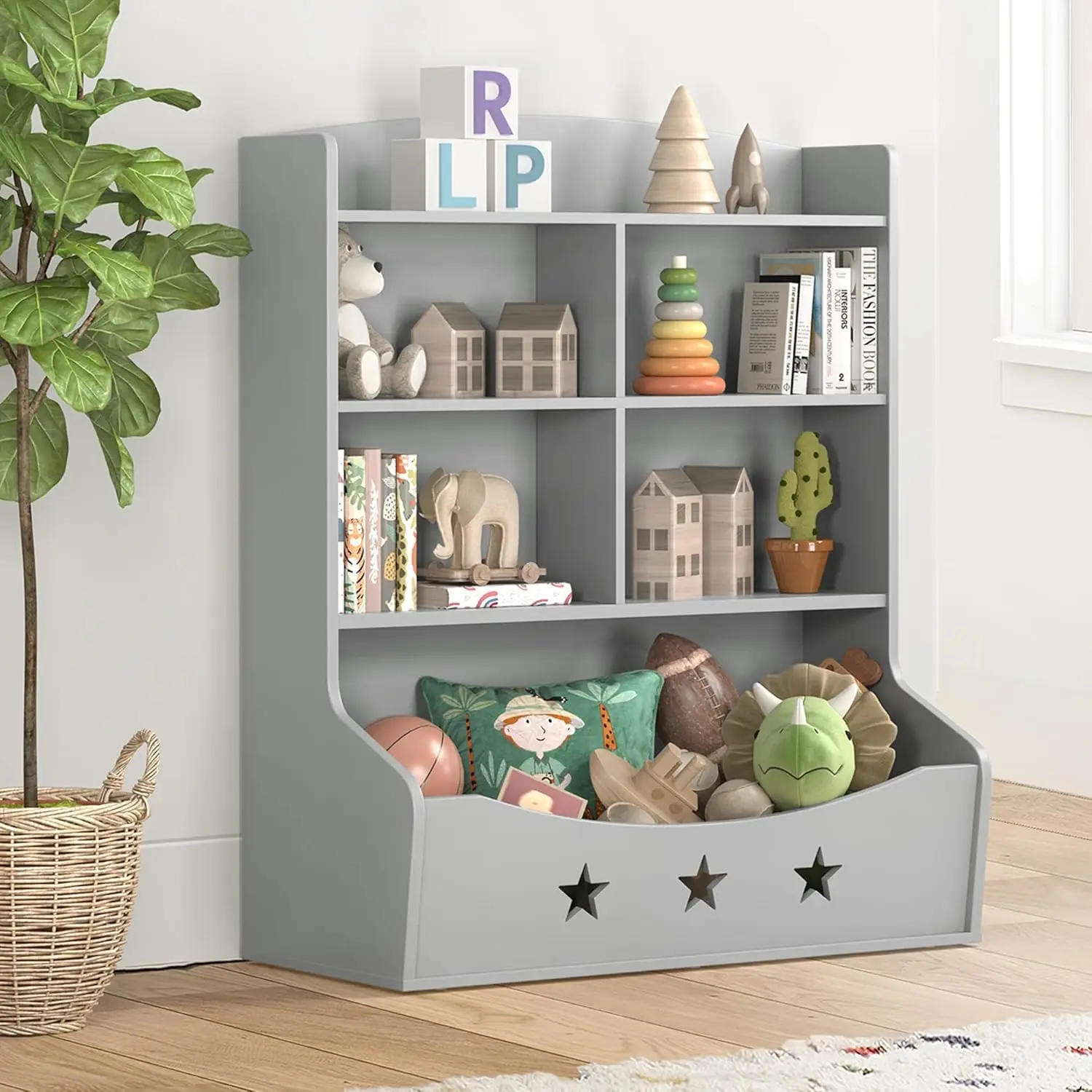 Bookshelf, Three-and-a-Half Tier Wooden Bookcase, Bookshelf for Playing Room, Nursery, Bedroom, Toy Storage Cabinet with 5 Cube