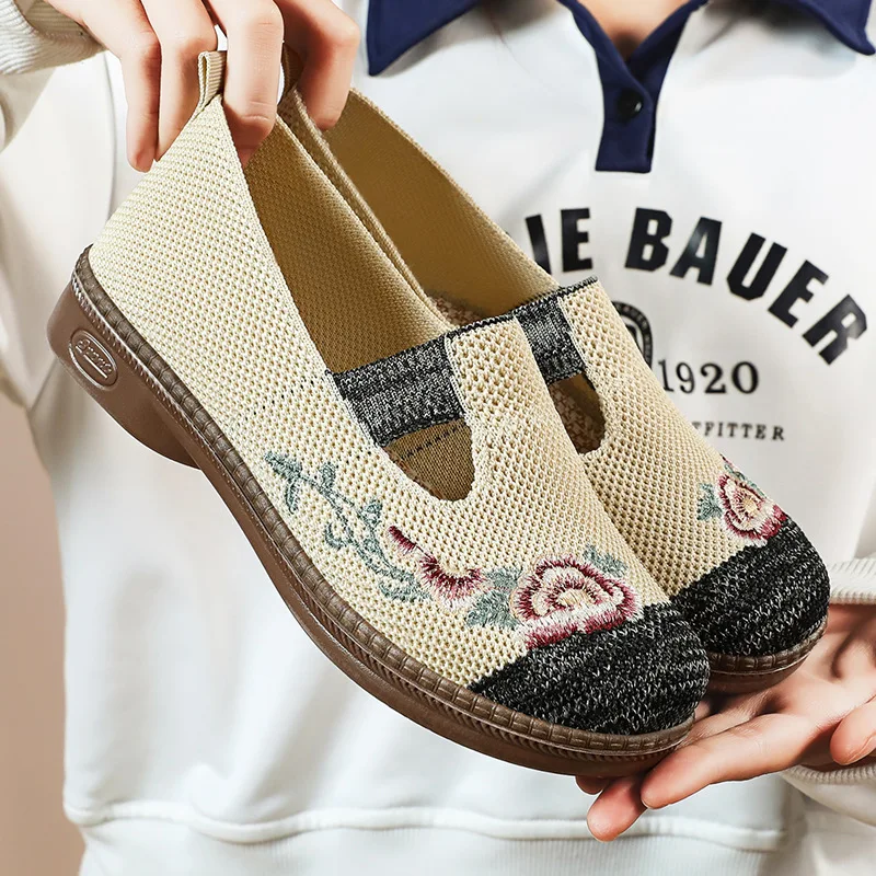 Comfy Chinese Traditional Flats No Lace Yoga Shoes Women's Street Shoes Knitting Embroidery Flower Low Heels T-strap Breathable