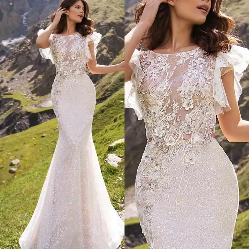 Luxury Mermaid Wedding Dresses With Short Sleeve Floor-Length Lace Appliques Bridal Gowns Plus Size Formal Occasion Customized