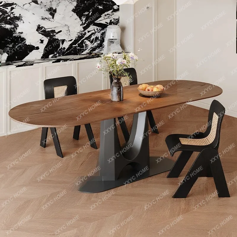 XXMedieval dining table oval solid wood dining table home living room  retro walnut