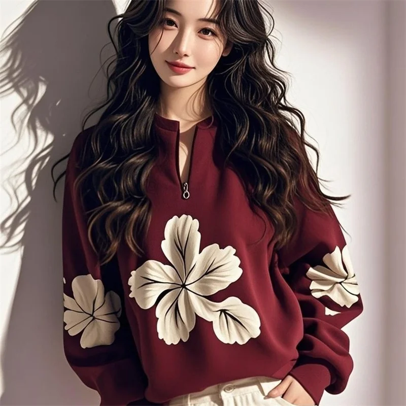 2025 Super beau sweat à capuche Unique noir violet demi fermeture éclair col en v imprimé haut ample femmes printemps automne manteau pull