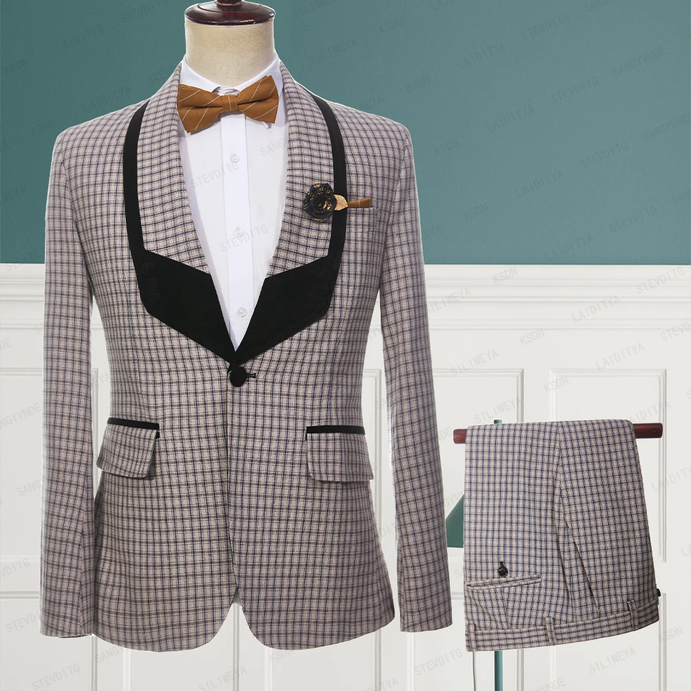 

2023 New Men Wedding Party Summer 2 Pcs Set Khaki Linen Reto Classic Plaid Black Shawl Lapel Jacket Pants Fashion Slim Fit Suits