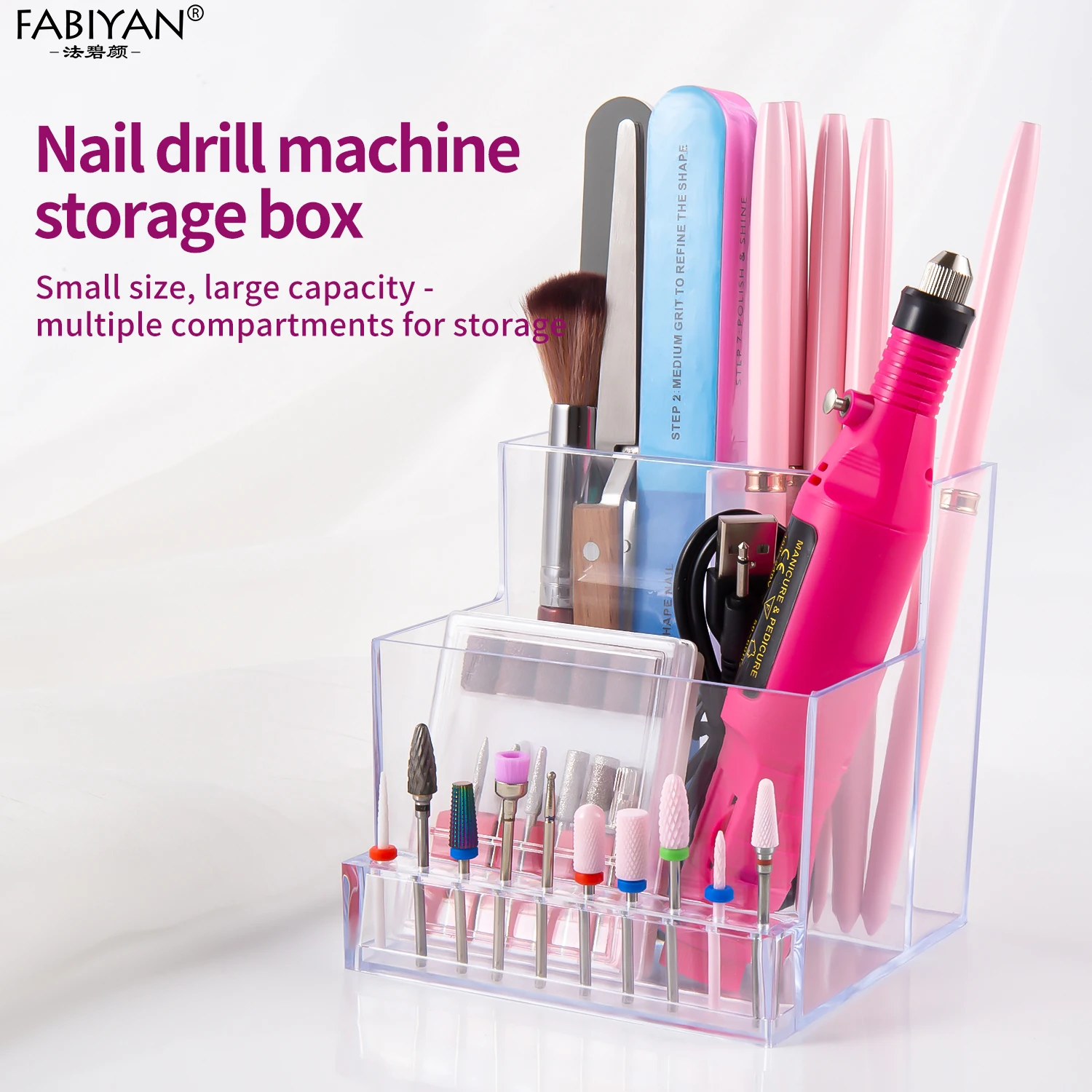 Boîtes de rangement transparentes en acrylique ABS pour outils d'ongles, boîte de rangement pour perceuse à ongles, tête de polissage, vitrine, fournitures pour ongles