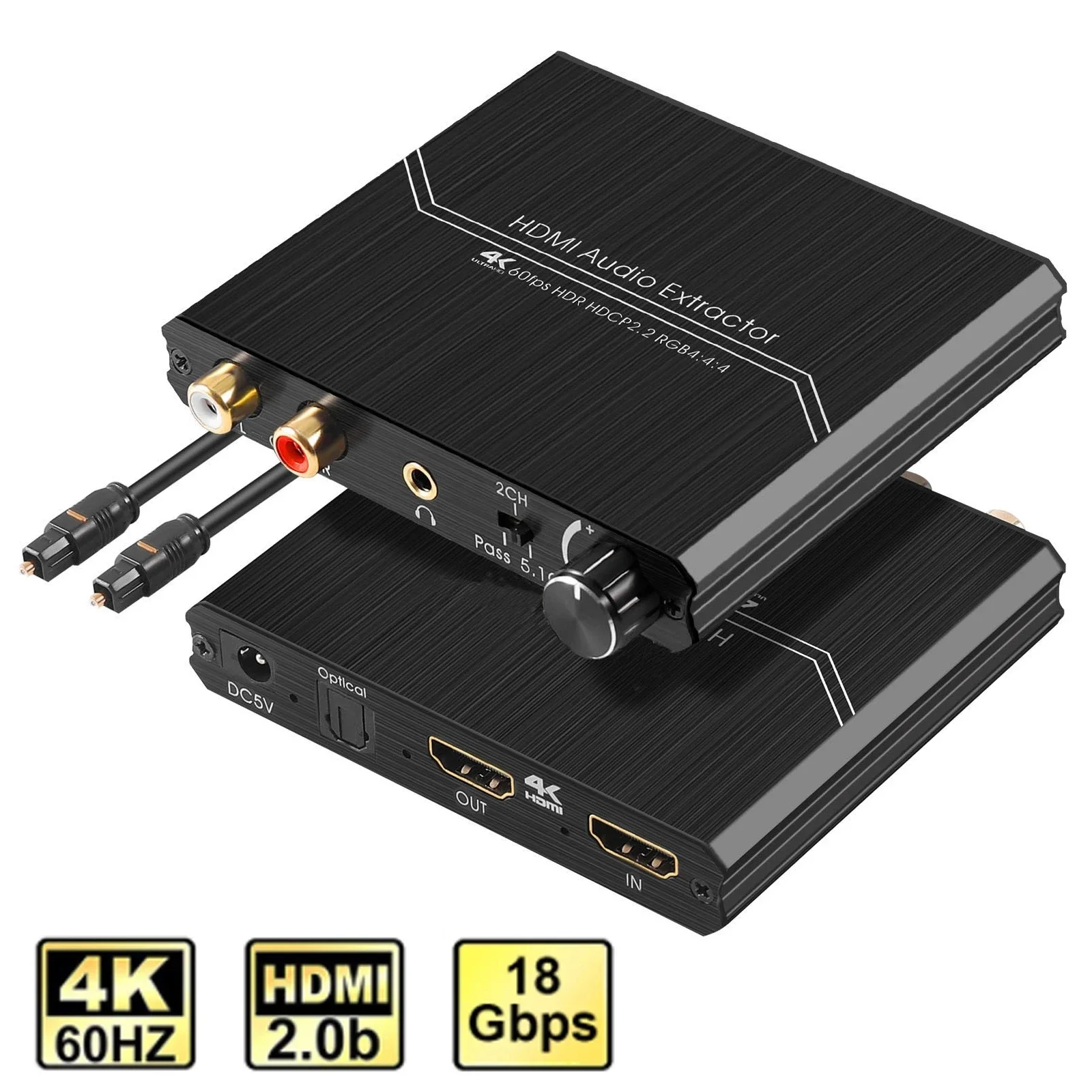 4K 60Hz HDMI Audio Extractor 5.1CH HDMI to Optical SPDIF + 3.5mm Stereo + RCA L/R Audio Extractor with Volume Control HDCP 2.2