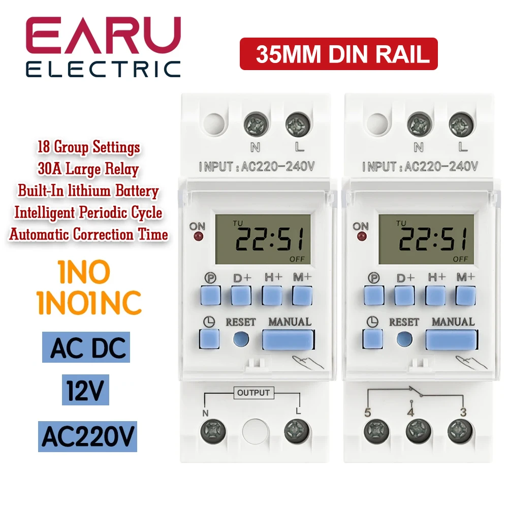 EARU DC AC 220V 12V THC15A 30A Electronic Weekly 7 Days Programmable LCD Digital Timer Switch Relay Control Din Rail 1NO1NC 1NO