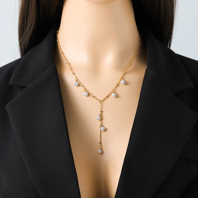 EILIECK 316L Stainless Steel Pearl Tassel Pendant Necklace For Women Fashion Collar Neck Chain Waterproof Jewelry Birthday Gift
