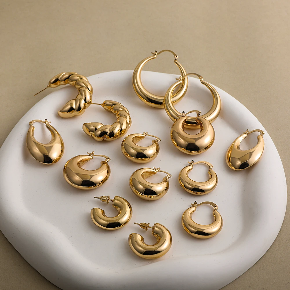 Punk 18K Gold Plated Stainless Steel C Shape Croissant Chunky Hoop Earrings for Women Twisted Polished Circle Huggie Ear Jewelry - view 3