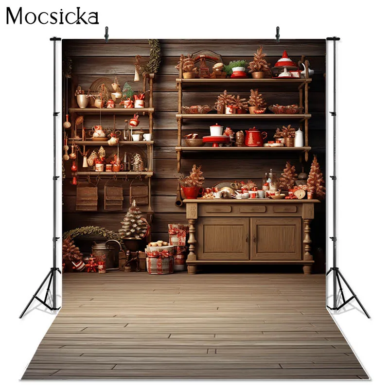 Mocsicka Christmas Photography Background Winter Indoor Kitchen Xmas Tree Kid Family Portrait Decor Backdrop Photo Studio