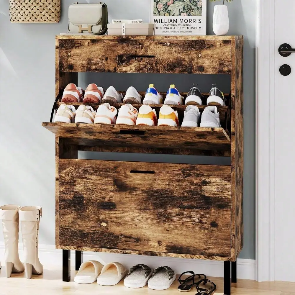 

3Tier Shoe Cabinet With Flip Drawers, Narrow SpaceSaving Shoe Rack, Freestanding Hidden Shoe Organizer, With Metal Handle, For