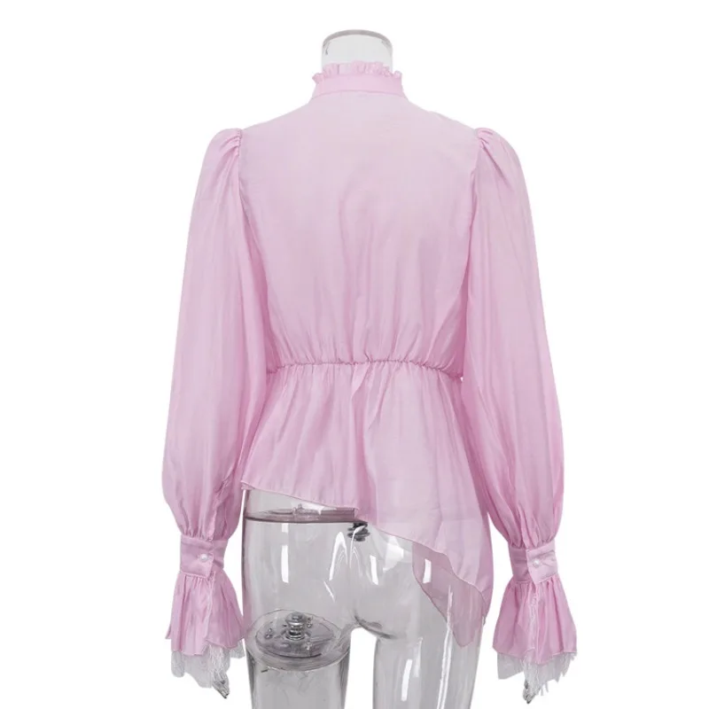 Französische Rosa Bluse Eleganter Y2K-Chic Sommer Damen Rüschen Stehkragen Langarm Spitzenmanschette Unregelmäßiger Saum Knopfleiste Hemd 2026 – Detail 3