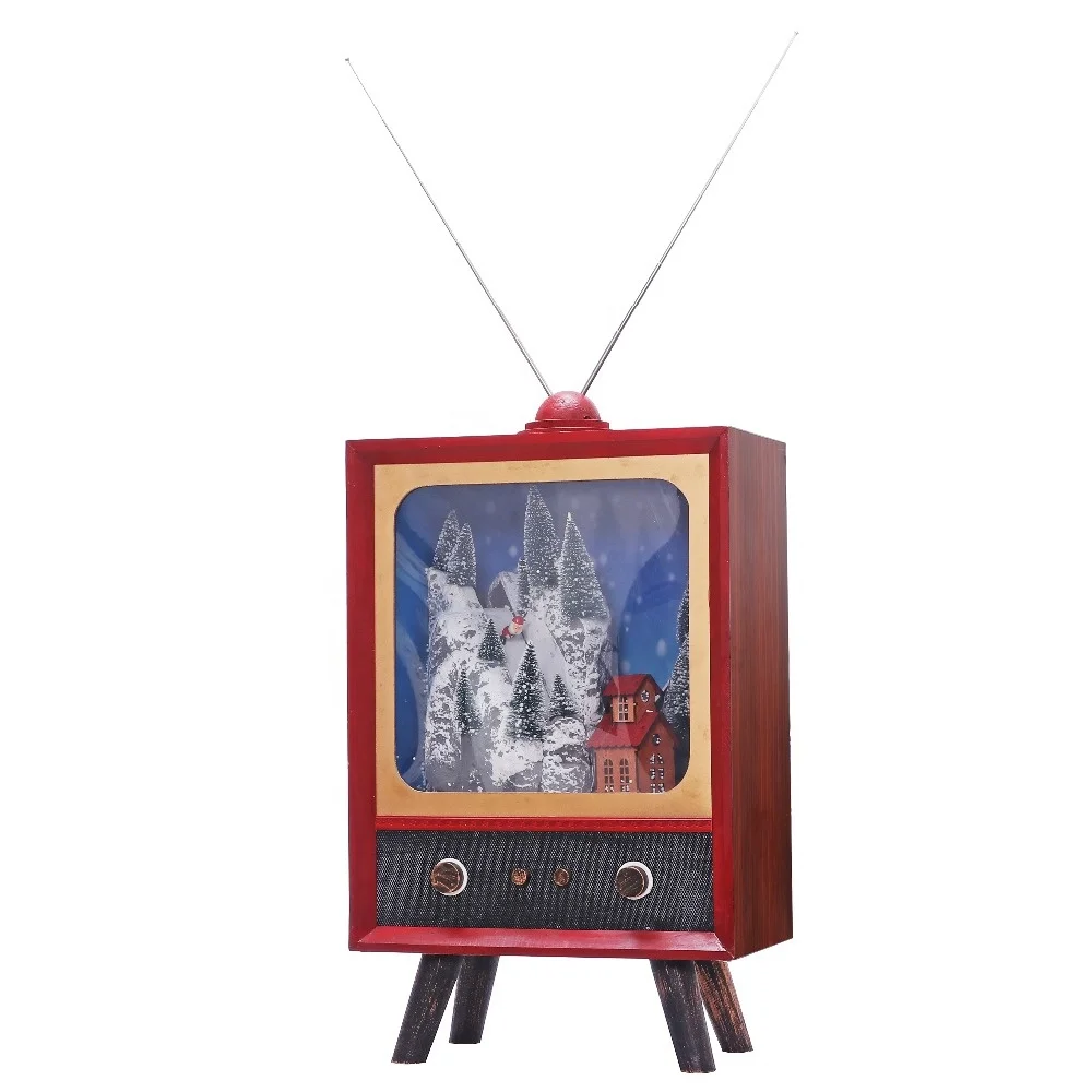 Indoor Polyresin Antique Santa Skiing Scene Tv Cabinet Christmas Decoration with Snowing Inside