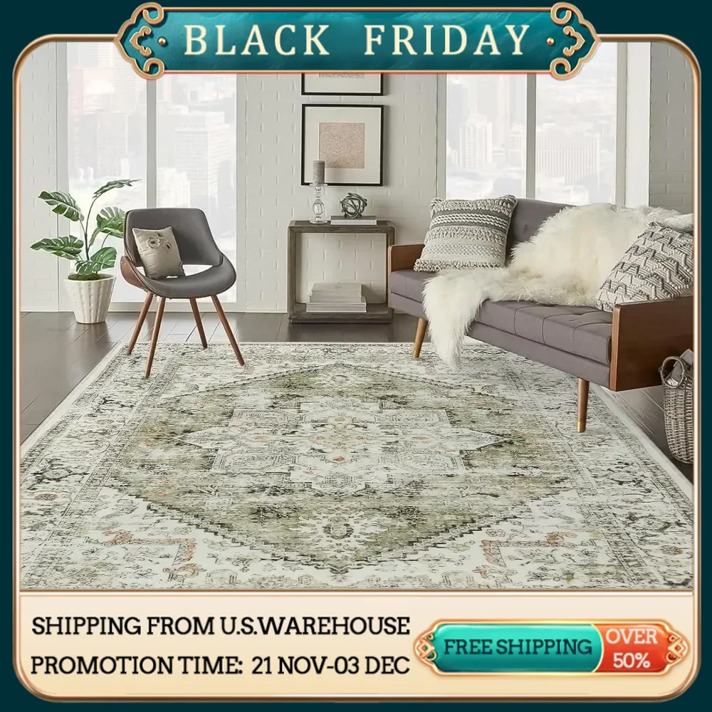 Washable Area Rug 8x10 - Large Vintage Tribal Living Room Oriental Rug, Non-Slip Retro Medallion Carpet Print Distressed Rug