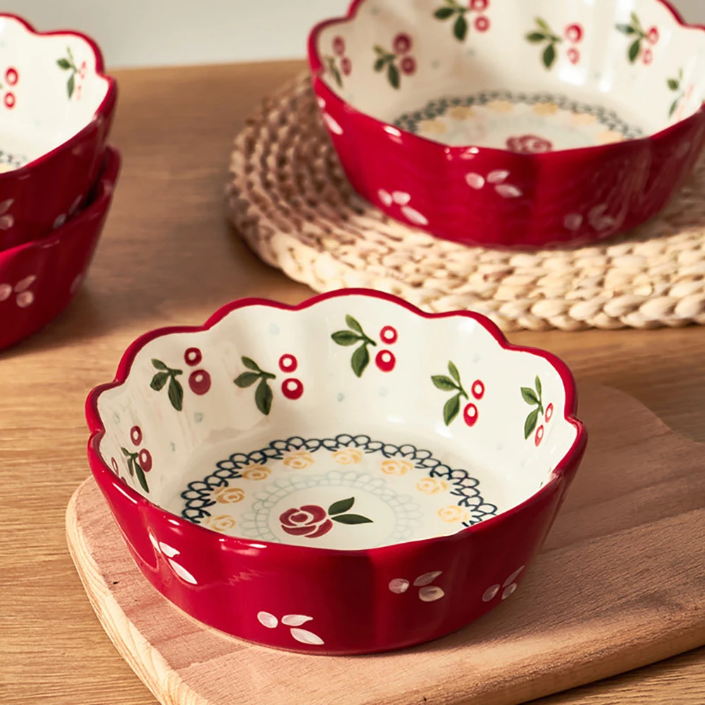 Red Ceramic Plates Exquisite Underglaze Colour Cherry Floarl Pattern Porcelain Dinner Plates Food-Safe Home Kitchen Tableware