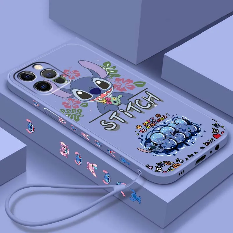 

Stitch Fashion Angel Anime Phone Case For Apple iPhone 16 15 14 13 12 11 XR XS X Pro Max Plus Liquid Left Rope Soft Cover