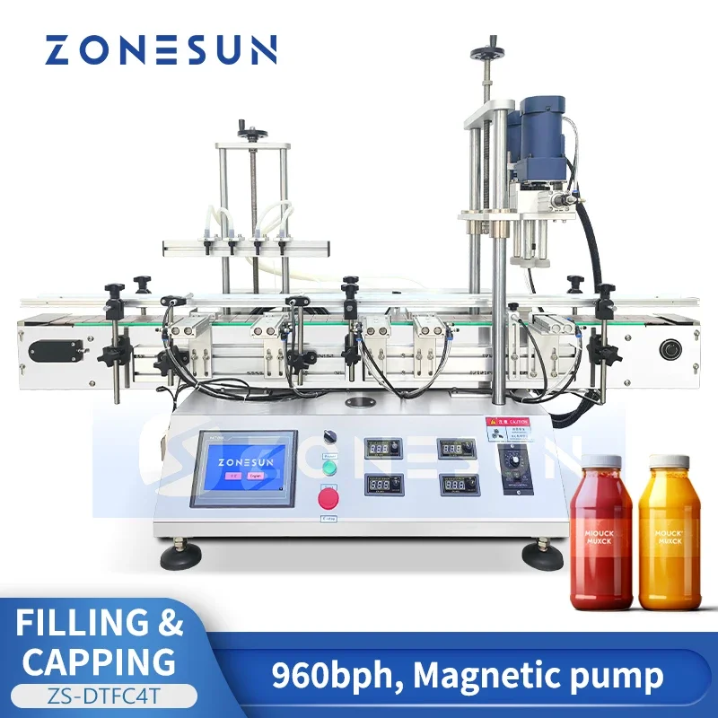 ZONESUN Automatic Bottle Filling Capping Machine Magnetic Pump Liquid Filler Screw Capper Packaging Line ZS-DTFC4T