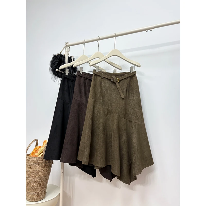 MEXZT Vintage Suede Midi Skirt Women with Belt Black Asymmetrical Skirts Winter Ladies Elegant Korean Design Trumpet Faldas New