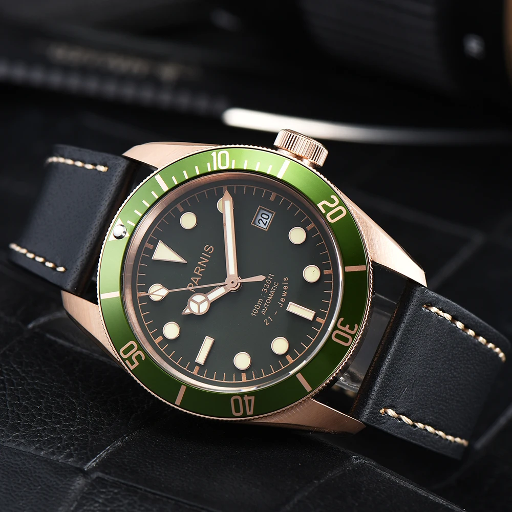 Parnis 41 mm orologio automatico da uomo in cristallo di zaffiro quadrante verde indicatore luminoso impermeabile 10 ATM