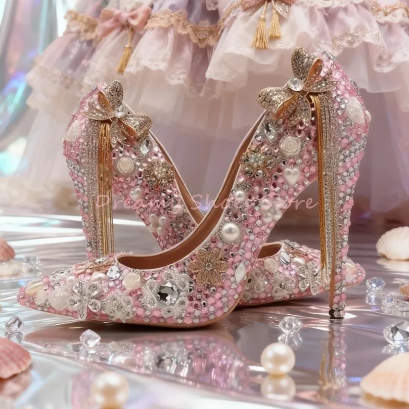 

Pink Shiny Pearl Crystal Pointed Wedding Shoes Women Fringe Bow Decor Slip On Thin High Heels Luxury Fashion Party Bride's Shoes