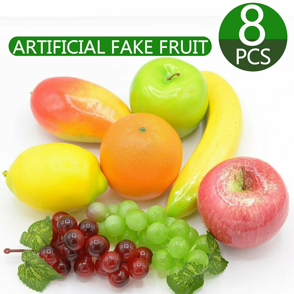 8 PCS Lifelike Artificial Fake Fruit Fruits Grape Lemon Market Party Artificial Lemon Orange Banana Pink Plastic Fruit For Decor