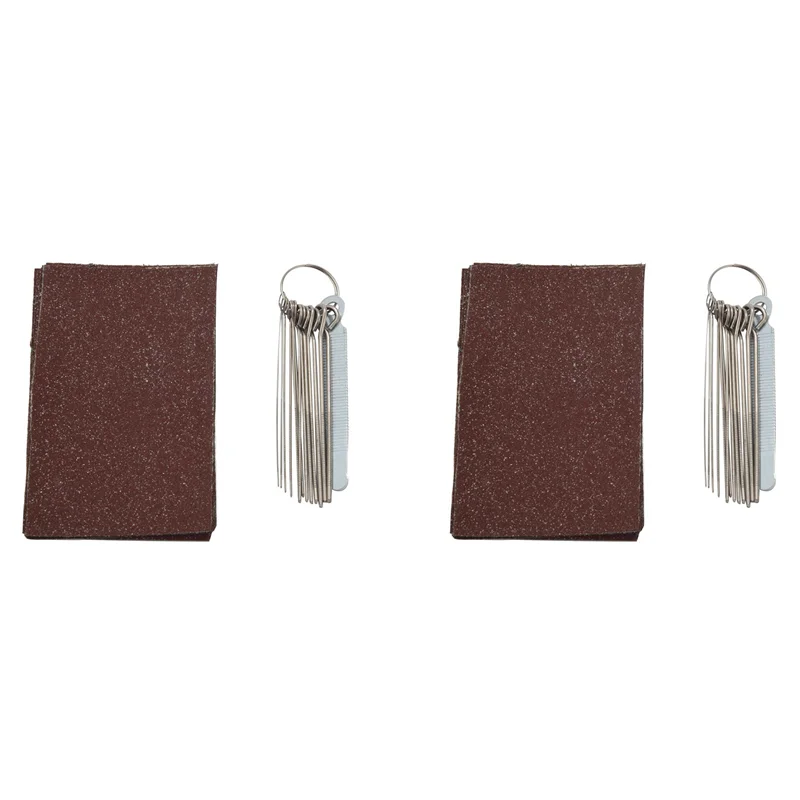 2X Set Kikir Mur Sadel Jembatan Gitar - 13 Ukuran Kikir Jarum dengan Penampang Melingkar dan 9 Buah Kertas Pasir Perak