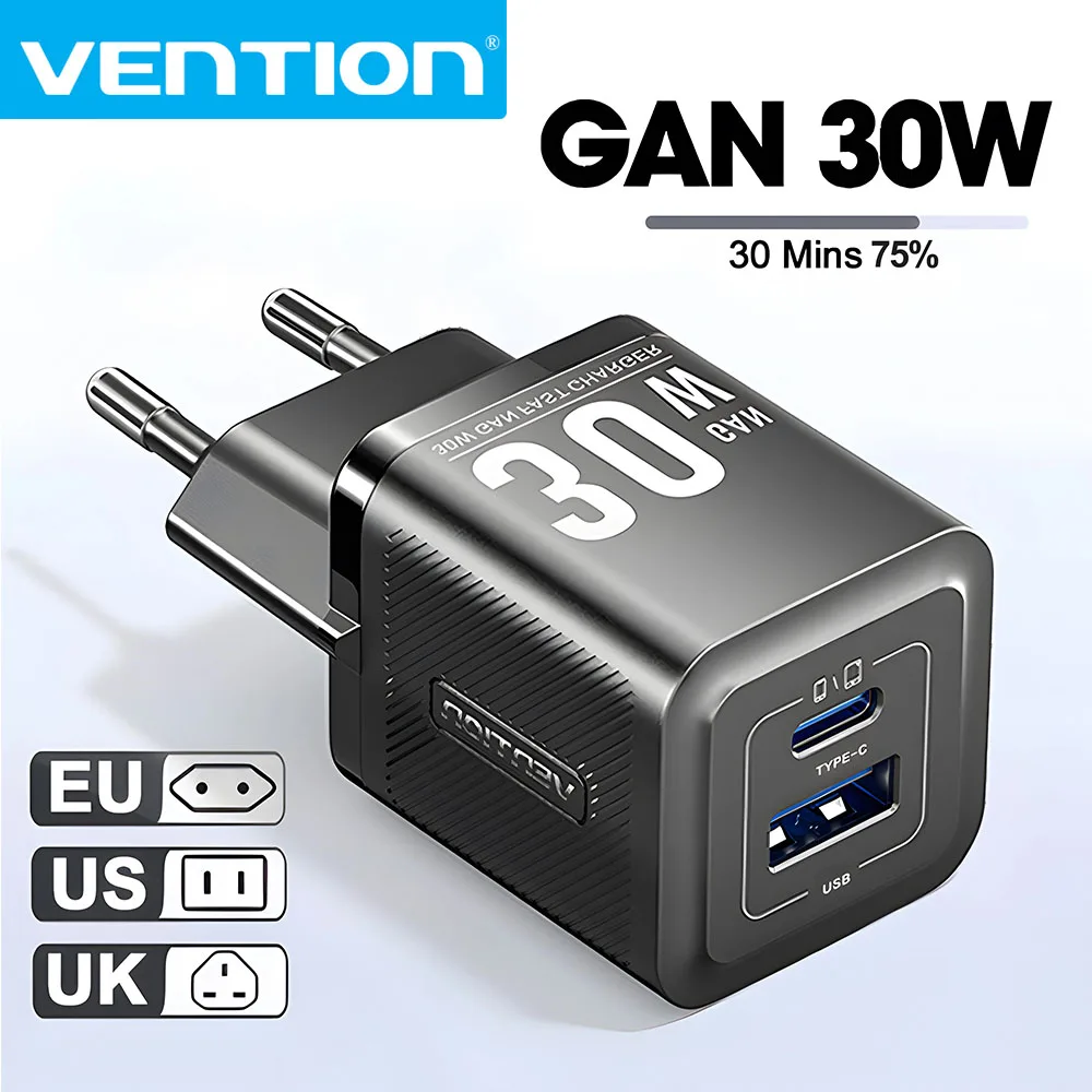 Vention GaN Charger Quick Charge 4.0 3.0 Type C 30W PD Charger for iPhone 16 15 14 Pro Max Fast Charger For Laptop USB C Charger