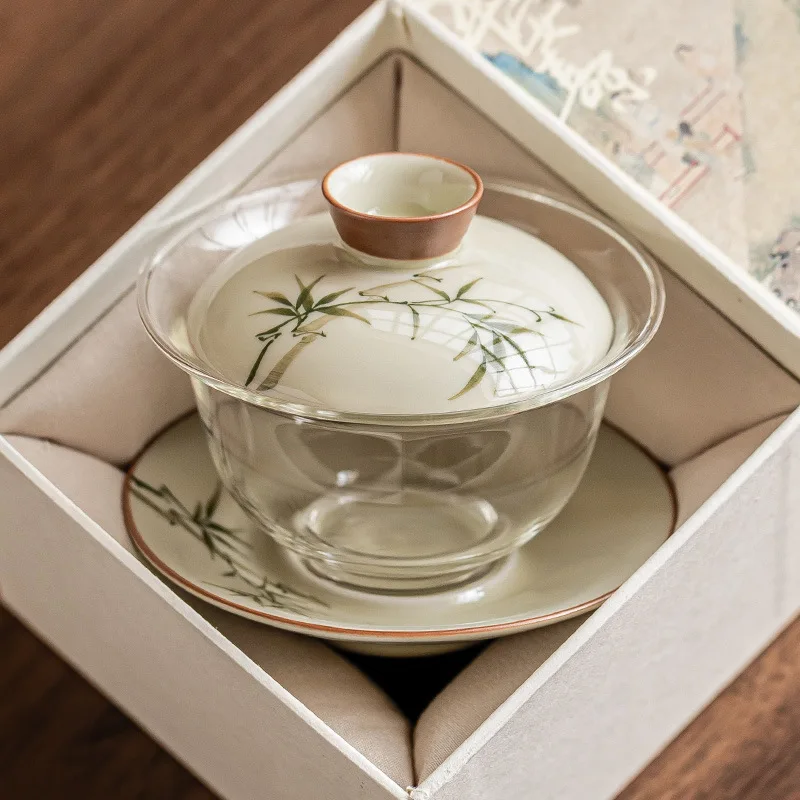 وعاء شاي من الخيزران الأخضر المرسوم يدويًا مع غطاء وعاء شاي الكونغ فو غير السمط طقم شاي زجاجي من السيراميك وعاء بغطاء ثلاثي الموهوب