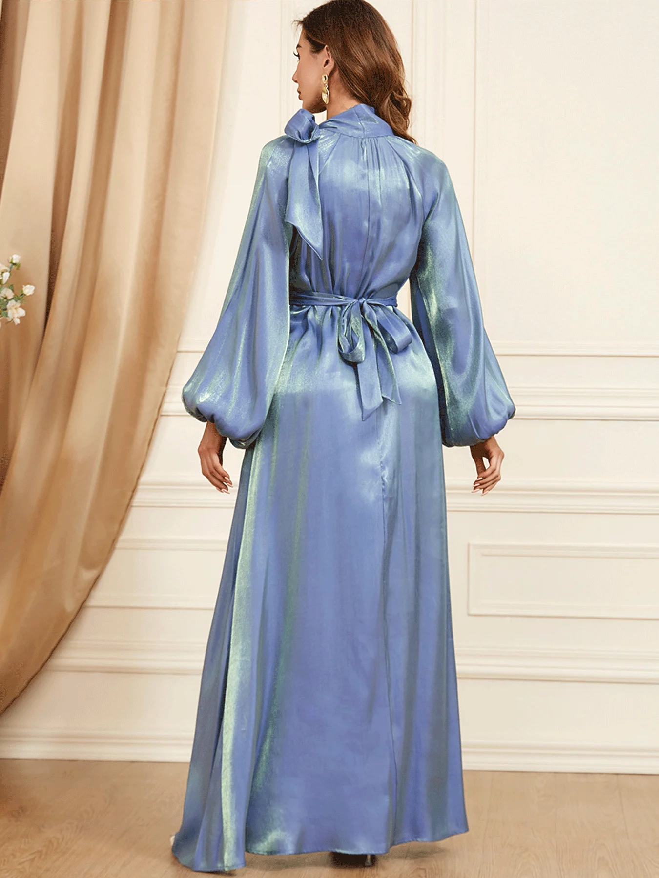 Bow Tie Neck Chic Eid Full Cover Ramadan Gown Puff Sleeve Morocco Muslim Dress Women Abaya Casual Islam Long Robe Femme Vestidos