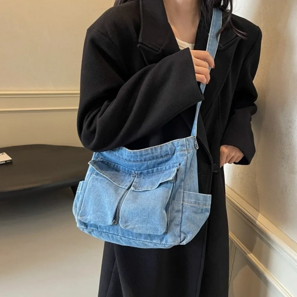 

Vintage Canvas Denim Messenger Bag Harajuku Multiple Pockets Commuting Shoulder Pouch Korean Style Blue Underarm Bag Travel