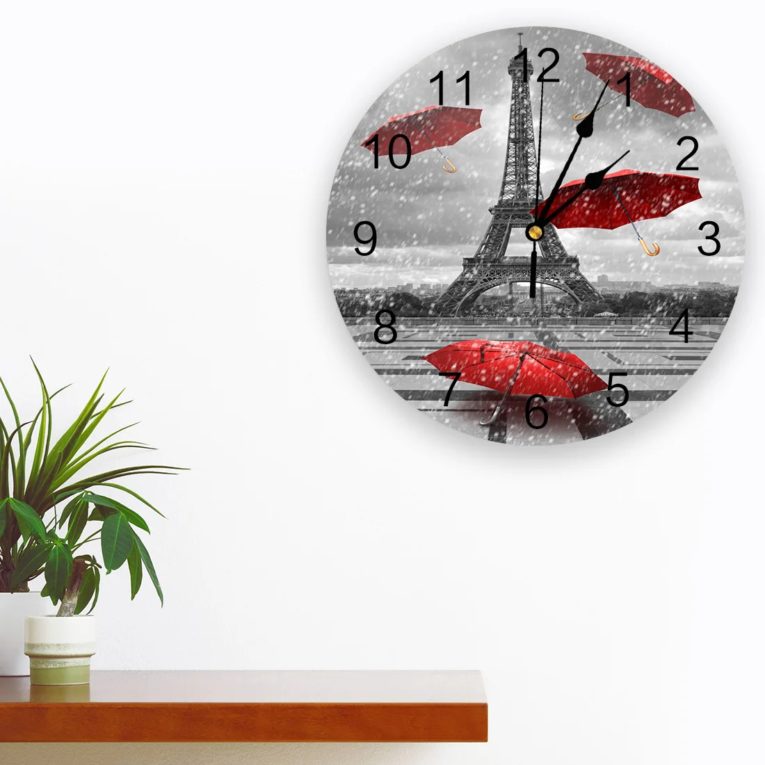 Paris Red Tower Umbrella Wall Clock For Home Living Room Bar Cafe Decor Silent Round Pvc Wall Clocks