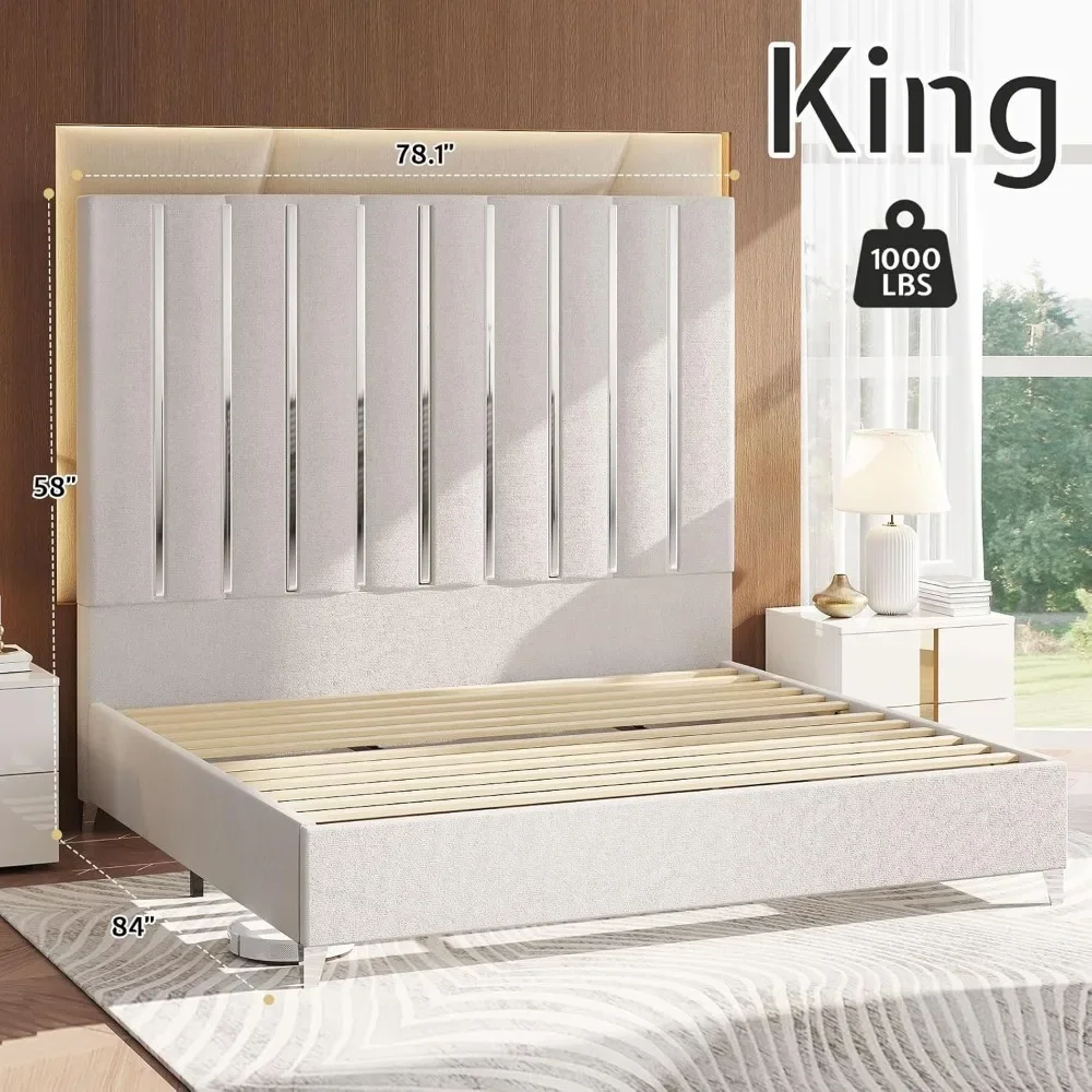 Estructura de cama King, estructuras de camas tapizadas de terciopelo con ribete plateado, estructura de cama