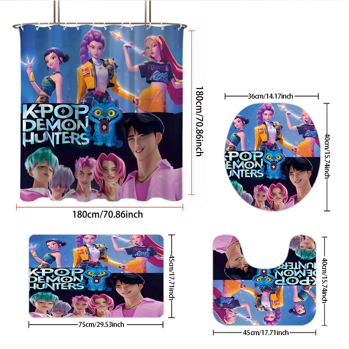 4pcs K-POP D-Demon H-Hunters Shower Curtains Washable Fabric Polyester Bathtub Art Bathroom Decor With Hooks Waterproof Curtain