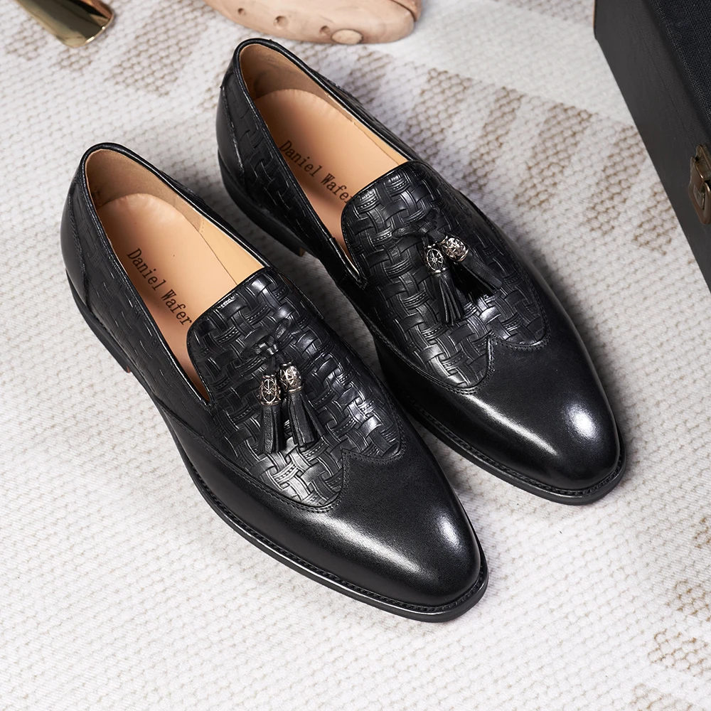 Classic Genuine Leather Men's Tassel Loafers Black Brown Slip-on Wingtip Pointed Toe Formal Party Wedding Dress Shoes for Men